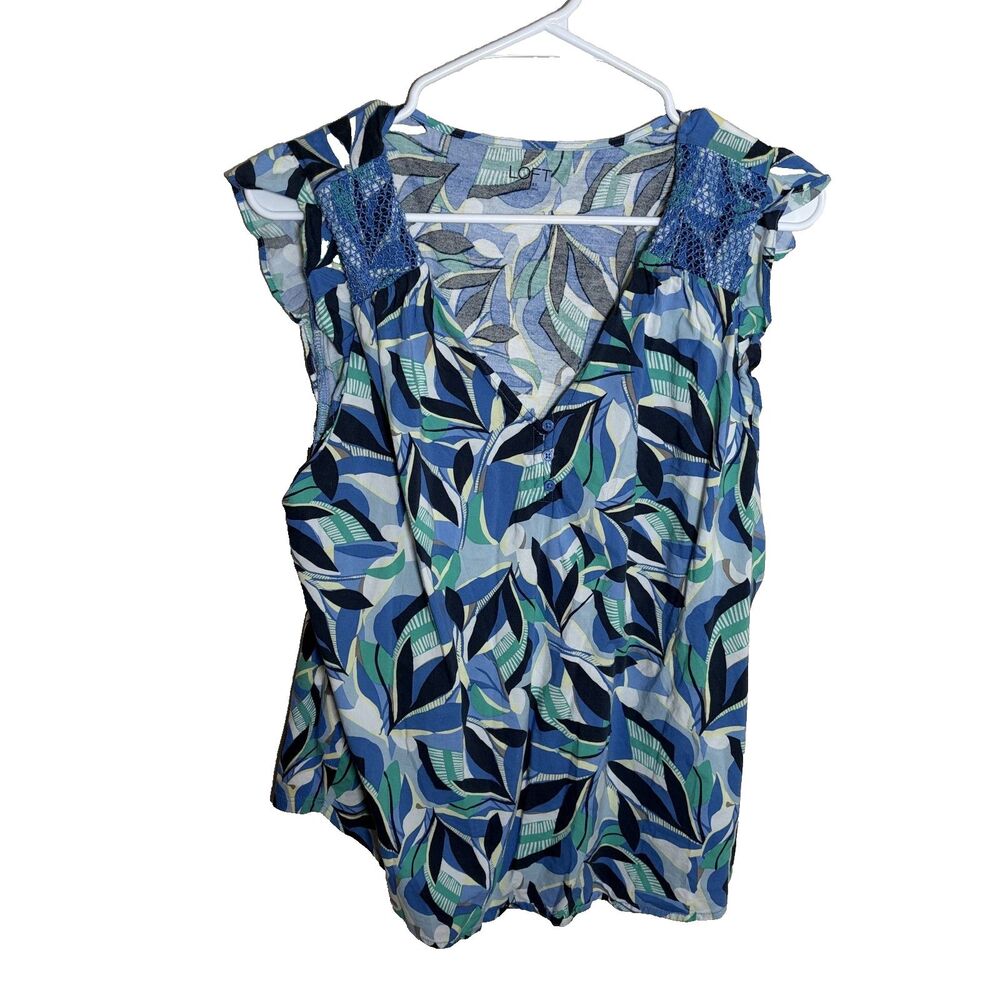 Loft Blouse Women's Large V-Neck Lace Printed Ruffle Shirt Top Casual